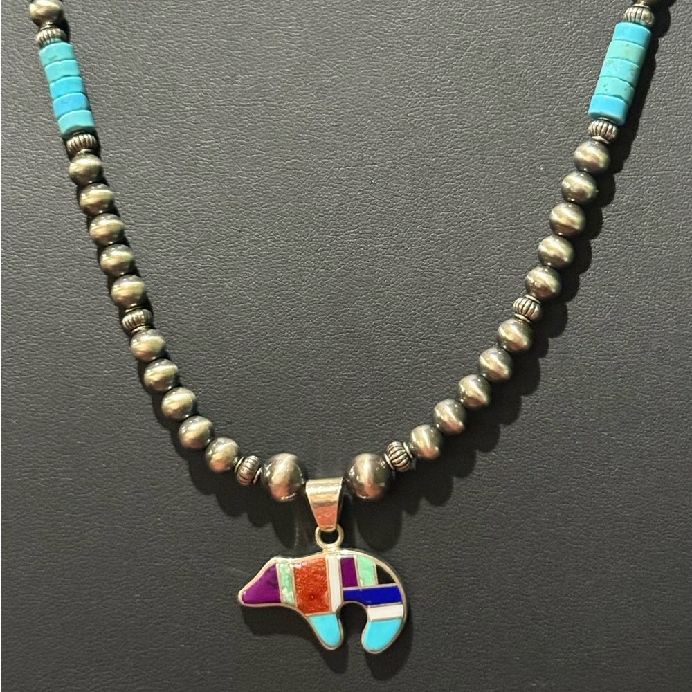 Tribal Sterling Silver Navajo Pearls Turquoise Fetish Bear Pendant Necklace
